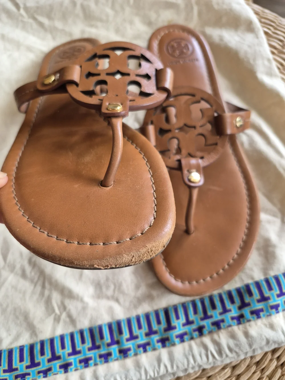Tory Burch Brown Leather Miller Logo-Thong Sandals